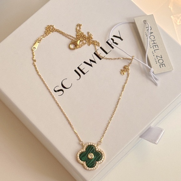 Rachel Zoe Clover Necklace Malachite Cubic Zirconia Sterling Silver - Picture 2 of 7